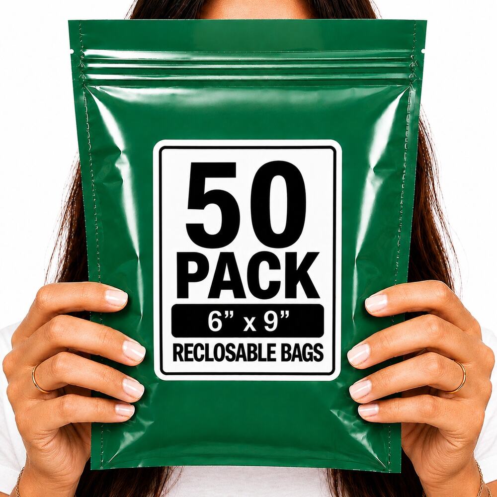 RECLOSABLE GREEN BAGS (50 PACK) 6" X 9" 2 MIL ZIPPER STORAGE BAGS NEW